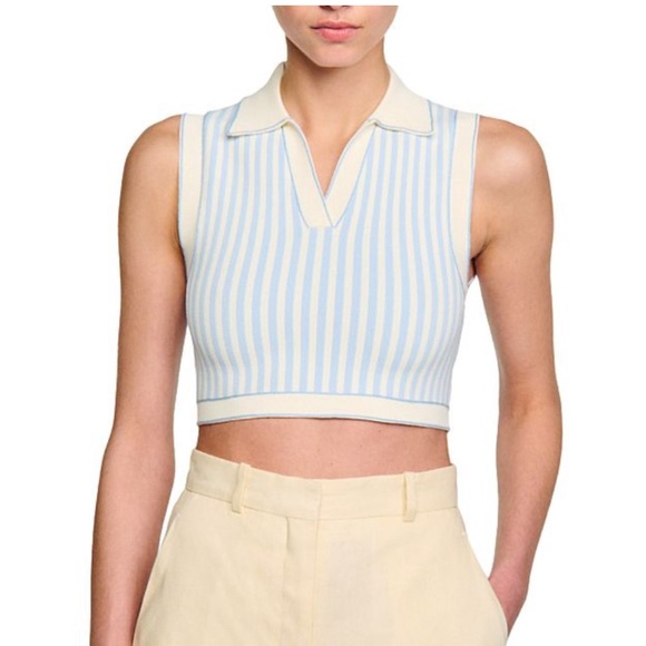 Sandro Aussy Striped Crop tank top constrast stitches size 0 XS 34 light blue - Picture 1 of 5